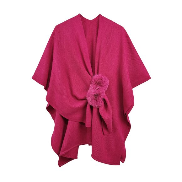 Tigerstars Fuchsia Furry Strap Trim Solid Knit Ruana Poncho - Picture 2 of 2